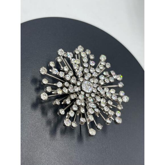 Sputnik Vintage Starburst Cluster Pin Brooch Bright Sparkling Clear Rhinestones - Picture 2 of 9